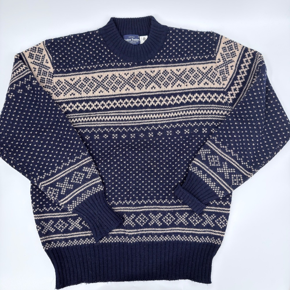 Boston Traders Sweater Nordic Fair Isle 90s Vintage Mens Medium Navy Blue Wool